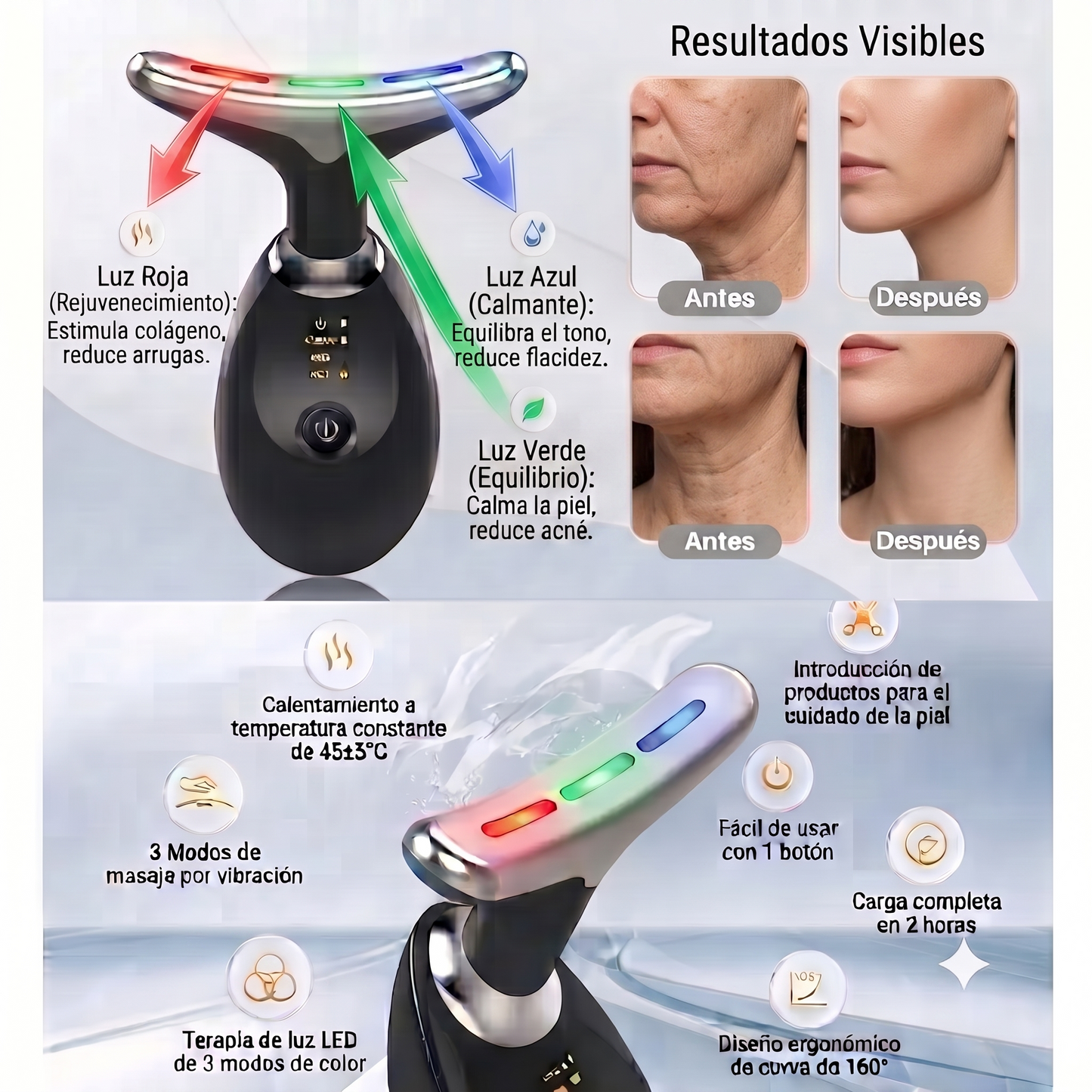 Masajeador Facial y de Cuello LED 3 en 1 | Terapia Térmica y Anti-edad