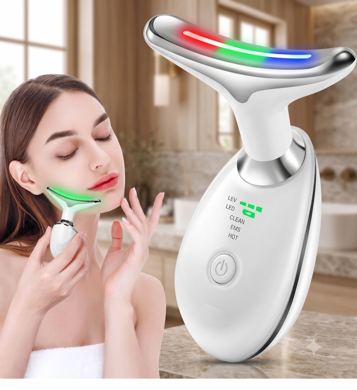 Masajeador Facial y de Cuello LED 3 en 1 | Terapia Térmica y Anti-edad